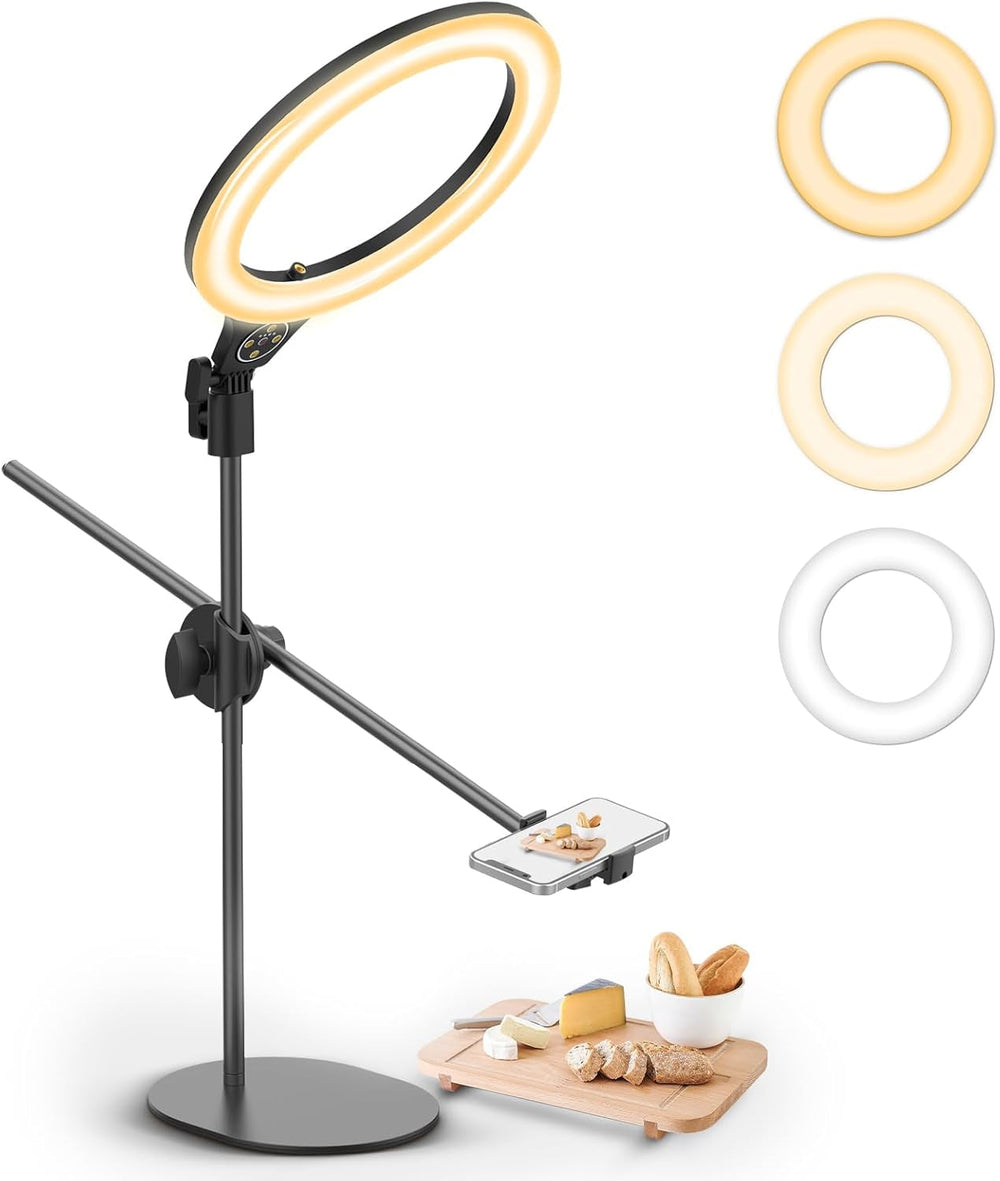 Overhead Phone Mount Tripod with Light, 3500K-6500K 10" Desk Ring Light with Stand and Phone Holder for Video Recording, Zoom Meeting, Makeup, Cooking, Selfie, Live Streaming, TikTok, YouTube