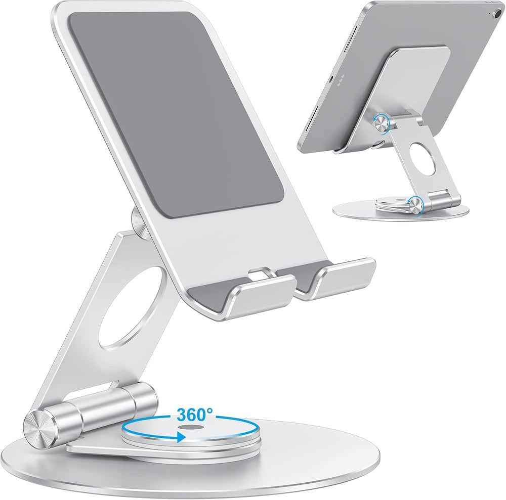 T6 Rotatable Tablet Stand for iPad with 360° Rotating Base, Foldable and Adjustable Stand for Drawing, Compatible with iPad Pro/Air/Mini and more, Silver.
