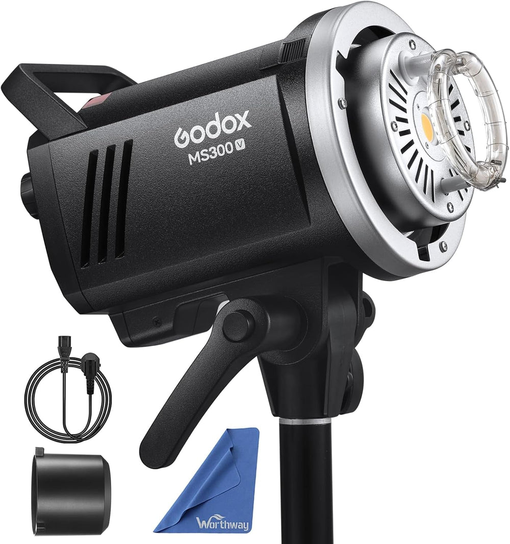 MS300V MS300-V Compact Studio Strobe Flash Light - 300W, GN58 0.1-1.8S Recycle Time, 2.4G X System, Bowens Mount LED Modeling Lamp for Photographic Studio Portrait Shooting (Ms300 Upgraded Version)