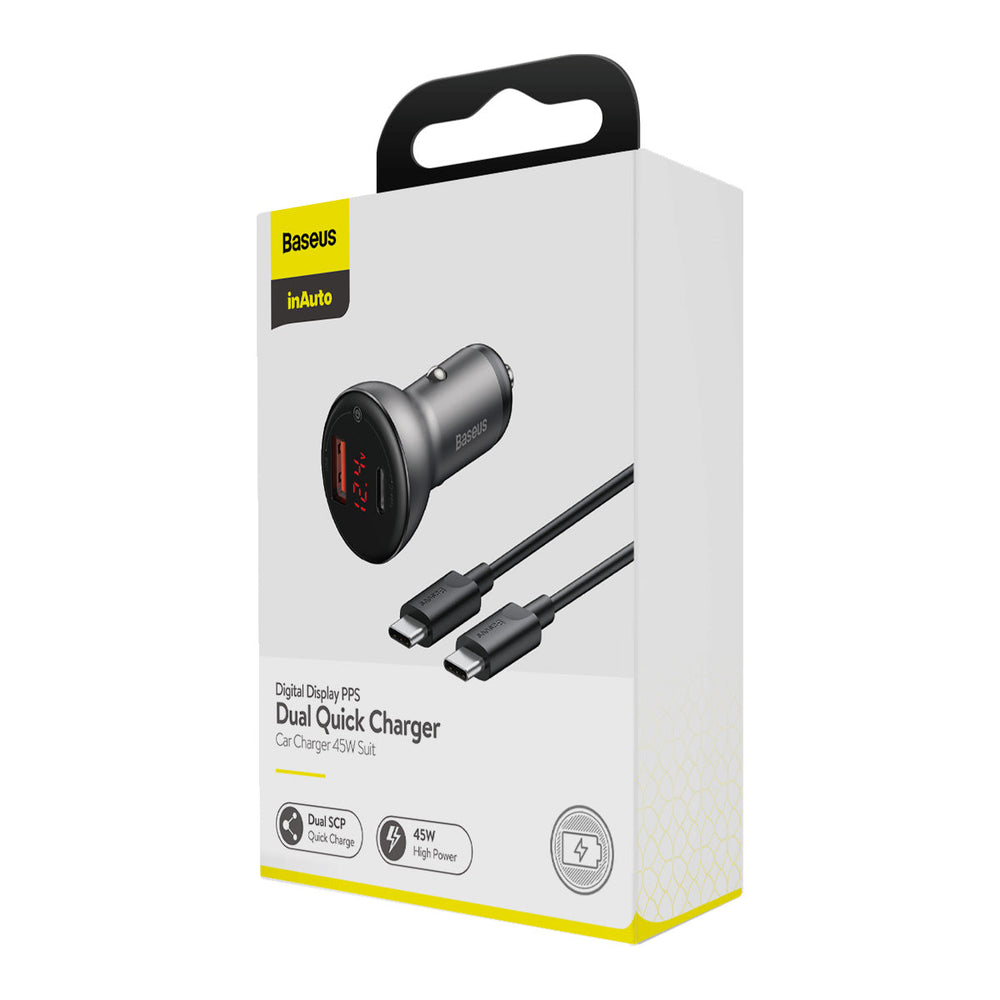 Cargador de auto Digital PPS – Carga rápida + Cable Tipo C a Tipo C 1 mt. Negro - BASEUS