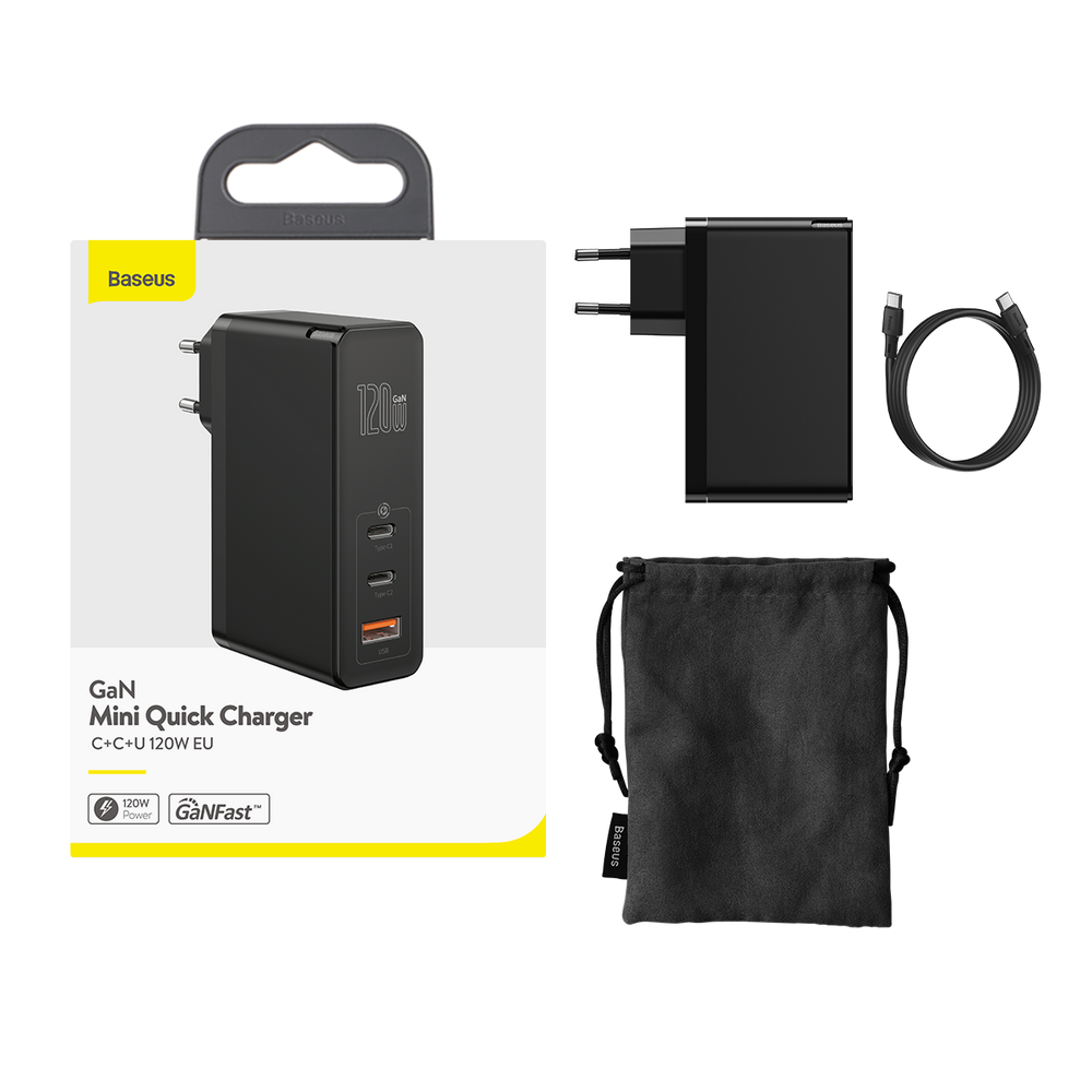 GaN2 Fast Charger 120W 2 USB-C Ports – 1 USB-A + Type-C to Type-C Cable 100W 1m - BASEUS