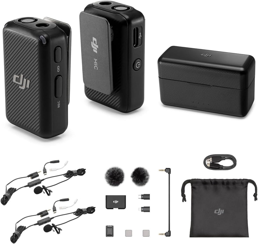 DJI Dual Wireless Microphone System (2 TX) and 2.4 GHz Digital Recorder, with 2 TASL500 Lavalier Microphones for Camera and Smartphone (multi-location feature missing)