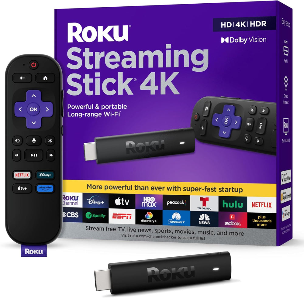 Roku Streaming Stick 4K - Roku HDR and Dolby Vision Streaming Device for TV with Voice Remote and Long-Range Wi-Fi - Free and Live TV