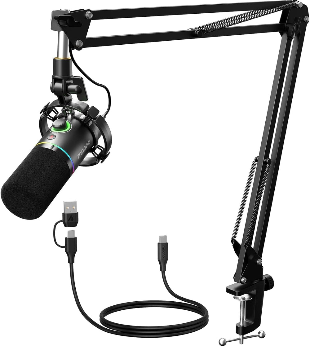 XLR/USB Dynamic Microphone Kit, RGB Podcast Mic with Software, Mute, Gain Knob, Volume Control, Boom Arm for Streaming, Gaming, Voice-Over, Recording-Pd200Xs Black