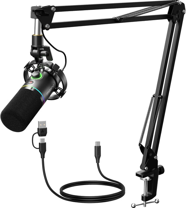 XLR/USB Dynamic Microphone Kit, RGB Podcast Mic with Software, Mute, Gain Knob, Volume Control, Boom Arm for Streaming, Gaming, Voice-Over, Recording-Pd200Xs Black