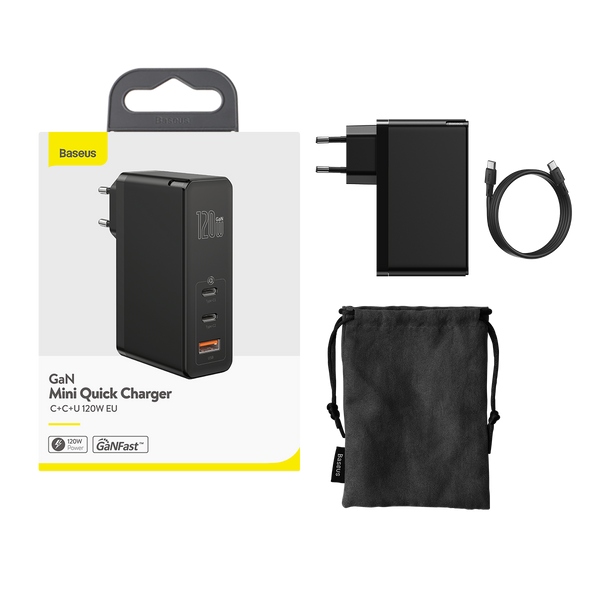 GaN2 Fast Charger 120W 2 USB-C Ports – 1 USB-A + Type-C to Type-C Cable 100W 1m - BASEUS
