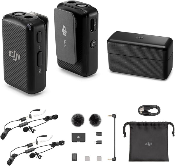 DJI Dual Wireless Microphone System (2 TX) and 2.4 GHz Digital Recorder, with 2 TASL500 Lavalier Microphones for Camera and Smartphone (multi-location feature missing)
