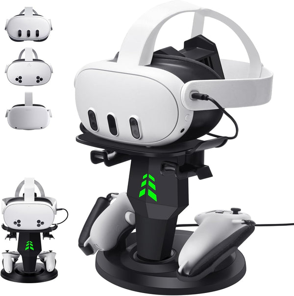 Charging Dock for Meta Quest 3/Quest 3S/Quest 2, VR Charging Stand for Quest 3 Accessories. The VR stand supports charging headphones with a Type-C cable and controller with cover.